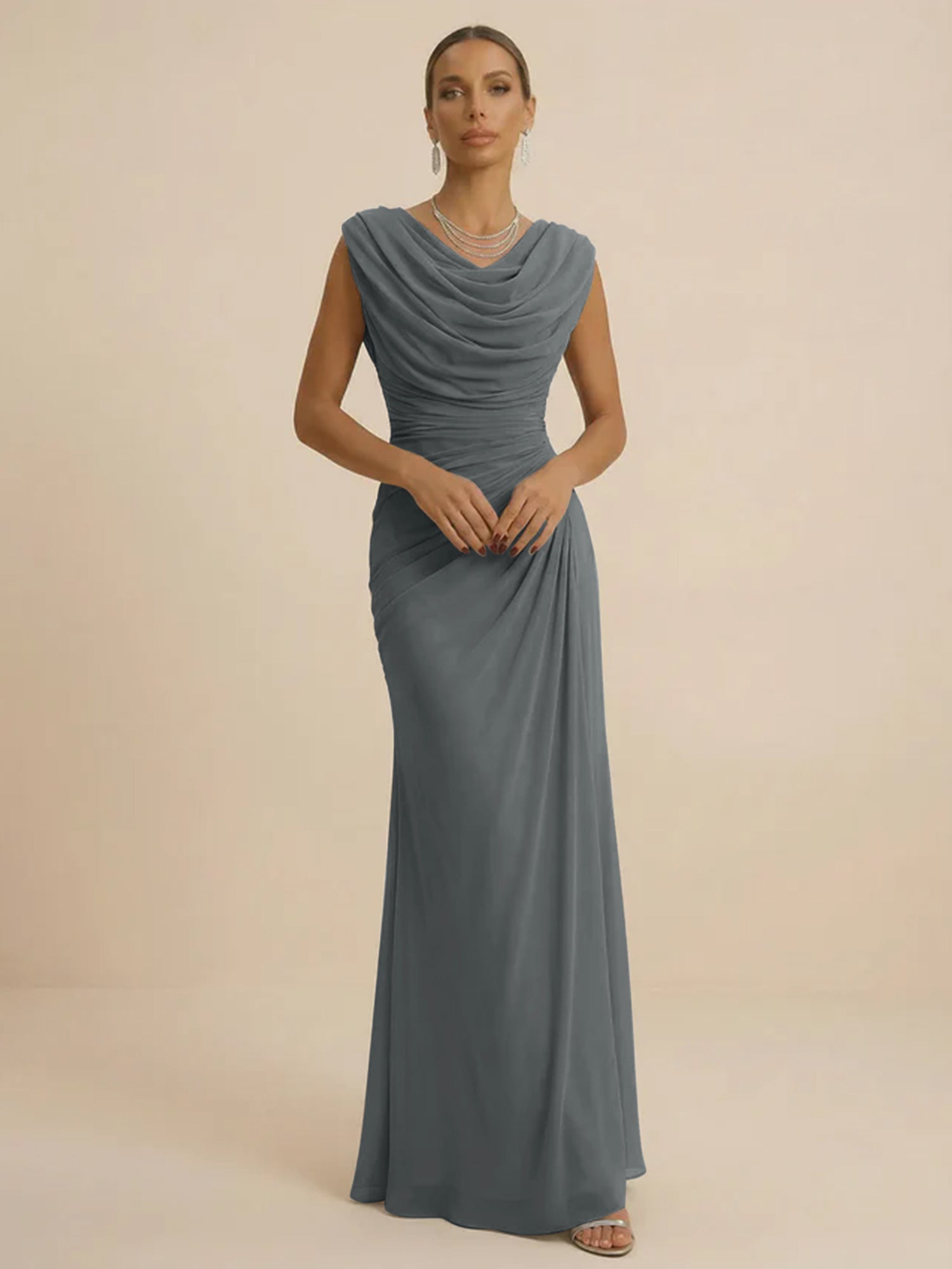 Dusty Grey Draped Cowl Neck Ruched Chiffon Evening Dresses