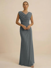 Dusty Grey Draped Cowl Neck Ruched Chiffon Evening Dresses