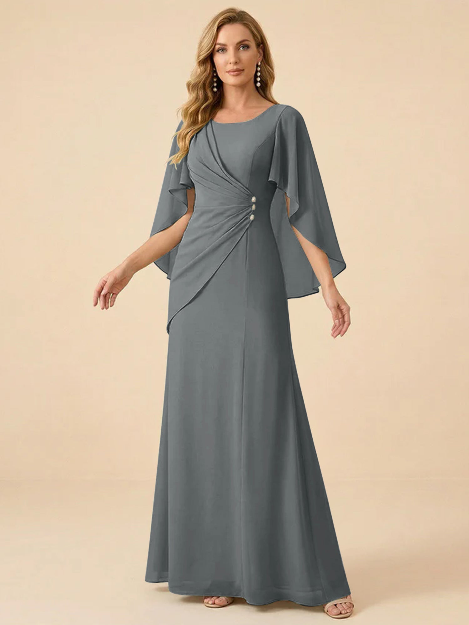 Sage Green Chiffon Beaded Mother of the Bride Dress with Cape Sleeves