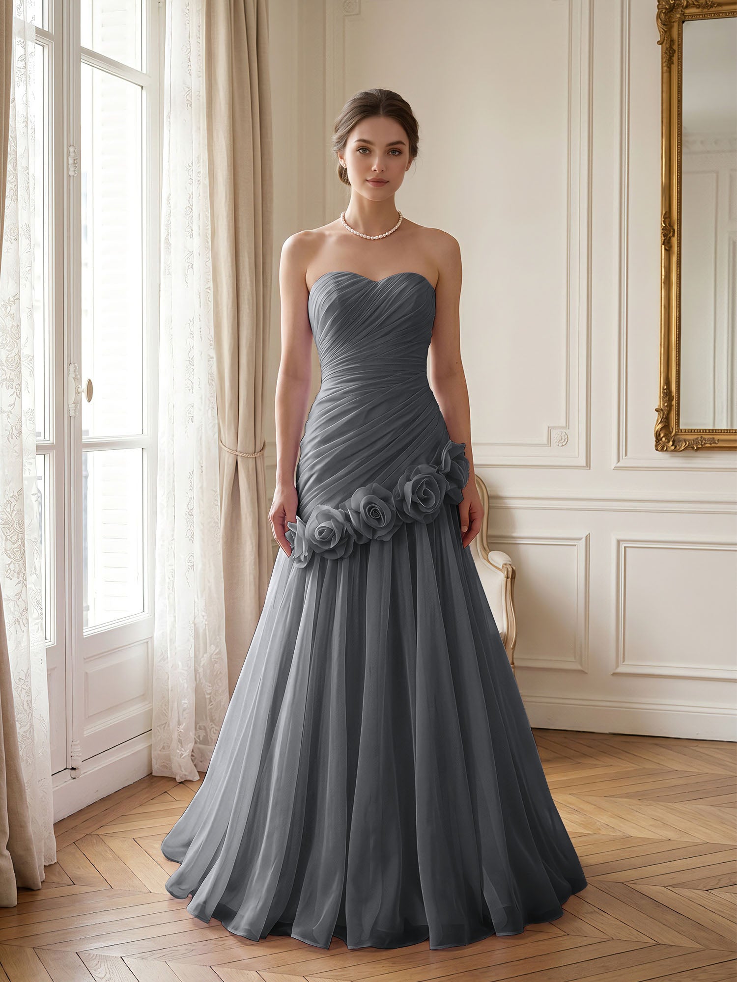 Lilac 3D Rosette Strapless Chiffon Evening Formal Gown Wedding Guest Dress