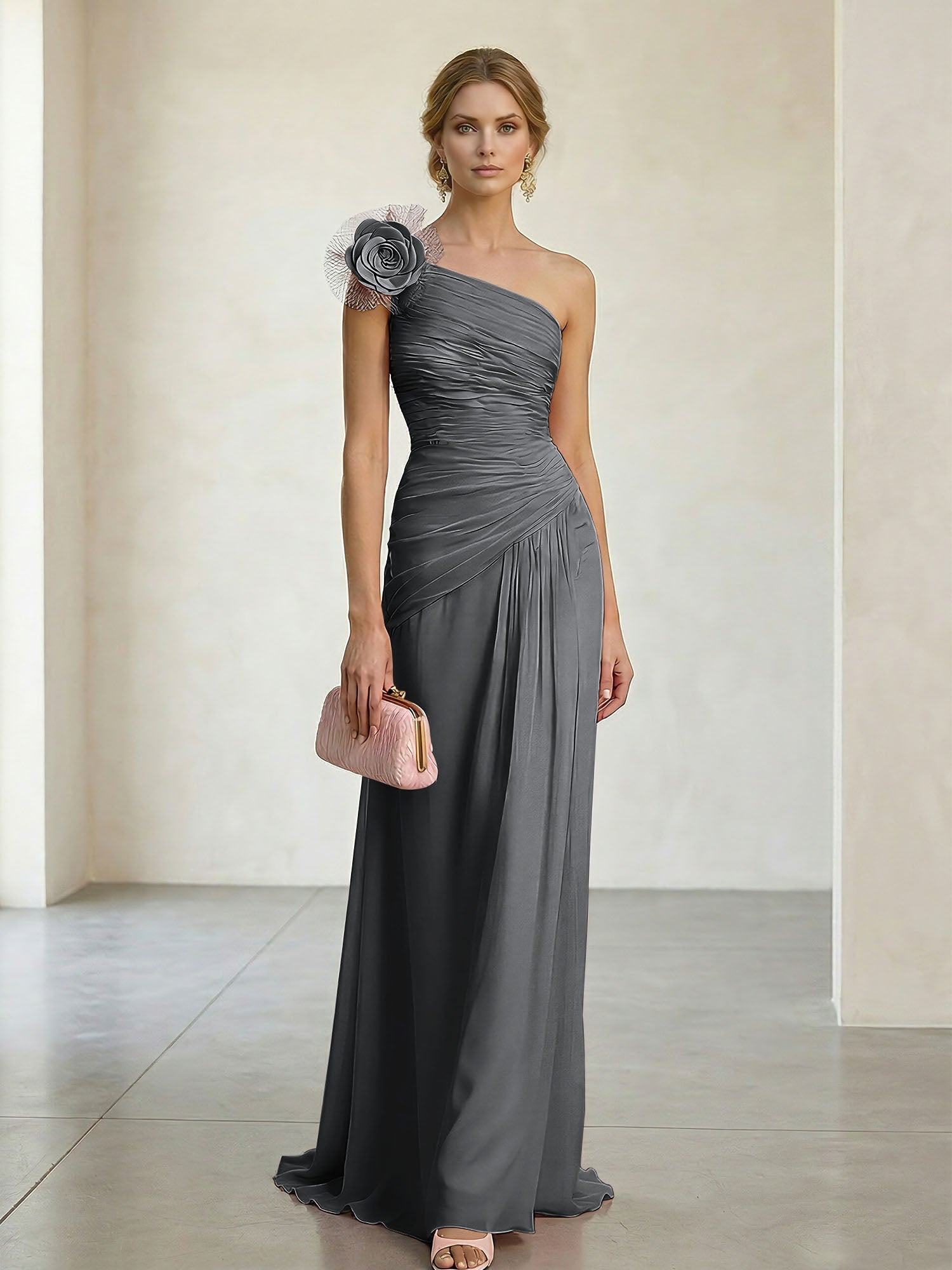 Blush Pink One-Shoulder Ruched 3D Floral Gown Dress