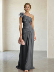 Blush Pink One-Shoulder Ruched 3D Floral Gown Dress