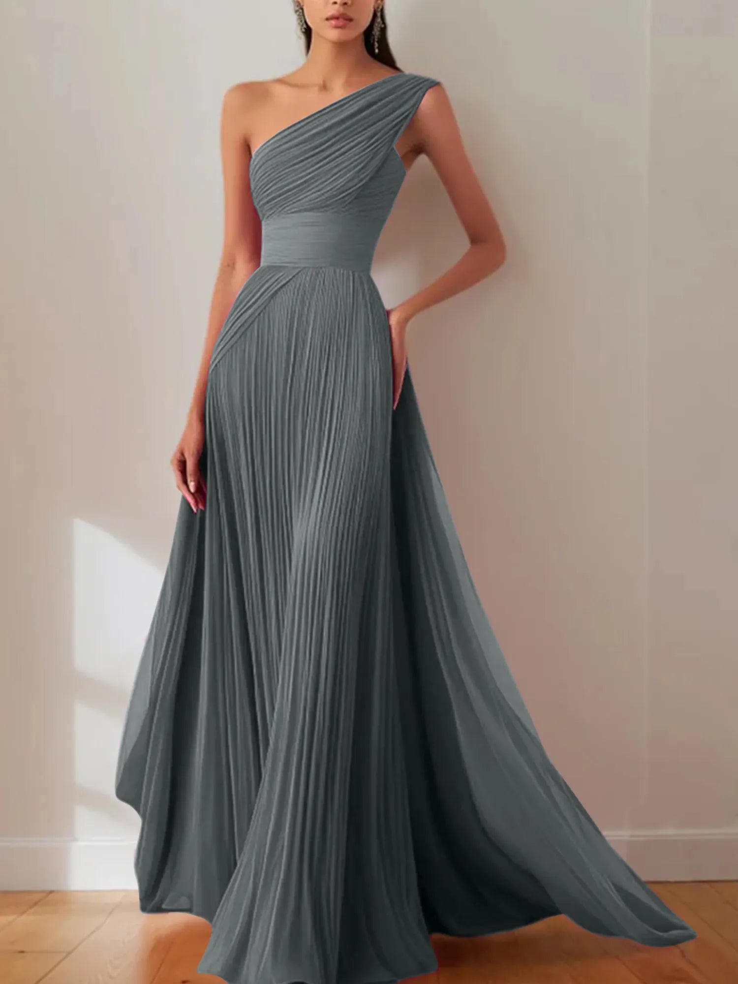 Prom Formal Pleated Dress Rose Color One-Shoulder Maxi Dress