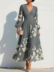 Elegant Floral V-Neck Pleated Midi Dress with Long Sleeves