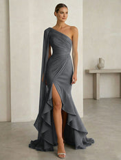 Glamorous Midnight Navy Formal Evening Dress One-Shoulder Ruched Cape Gown