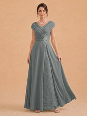 V-Neck Ruched Chiffon A-Line Mother of the Bride Dress with Crystal Brooch