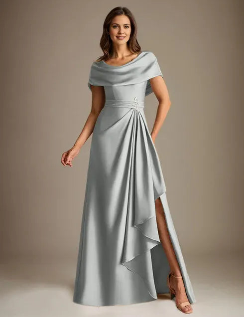 A-Line Scoop Floor-Length Stretch Satin Mother of the Bride Dress With Cascading Ruffles