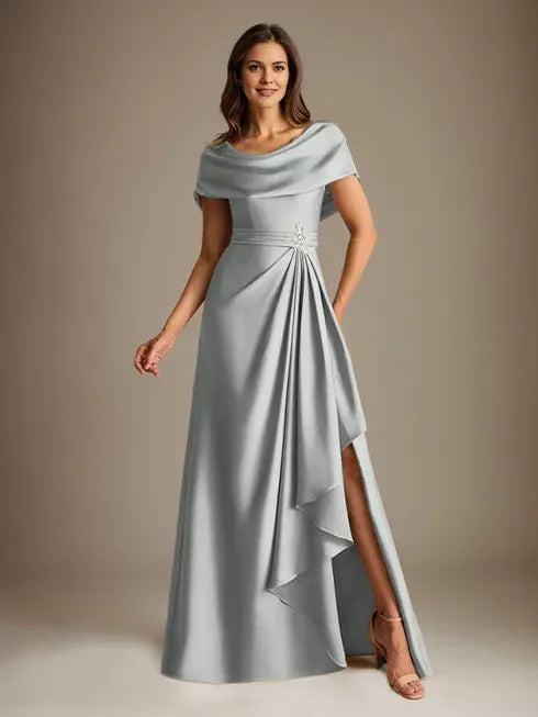 A-Line Scoop Floor-Length Stretch Satin Mother of the Bride Dress With Cascading Ruffles