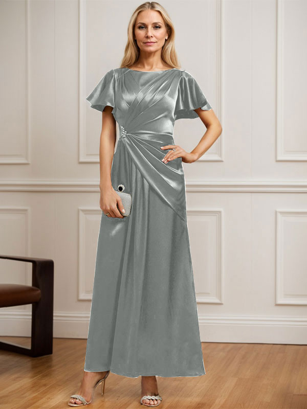 A-line Scoop Ankle-Length Stretch Satin Mother of the Bride Dress With Pleated Beading