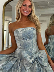 Grey Blue A Line Strapless Printed Short Homecoming Dress with Bowknot