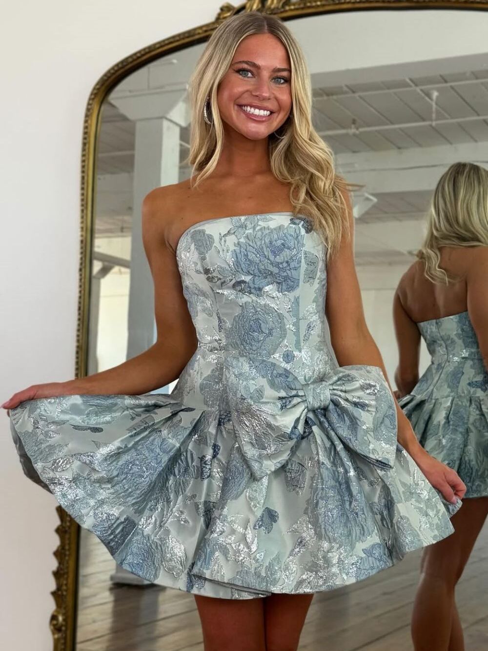 GreyBlueALineStraplessPrintedShortHomecomingDresswithBowknot_2.jpg