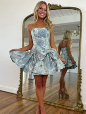 A Line Strapless Printed Short Homecoming Dress with Bowknot