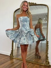 Grey Blue A Line Strapless Printed Short Homecoming Dress with Bowknot