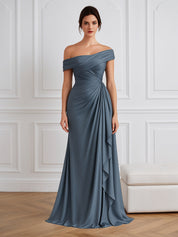 Grey Blue Satin One Shoulder Sheath Formal Dress