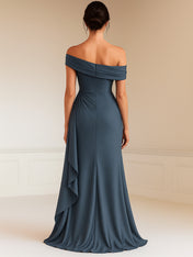Grey Blue Satin One Shoulder Sheath Formal Dress