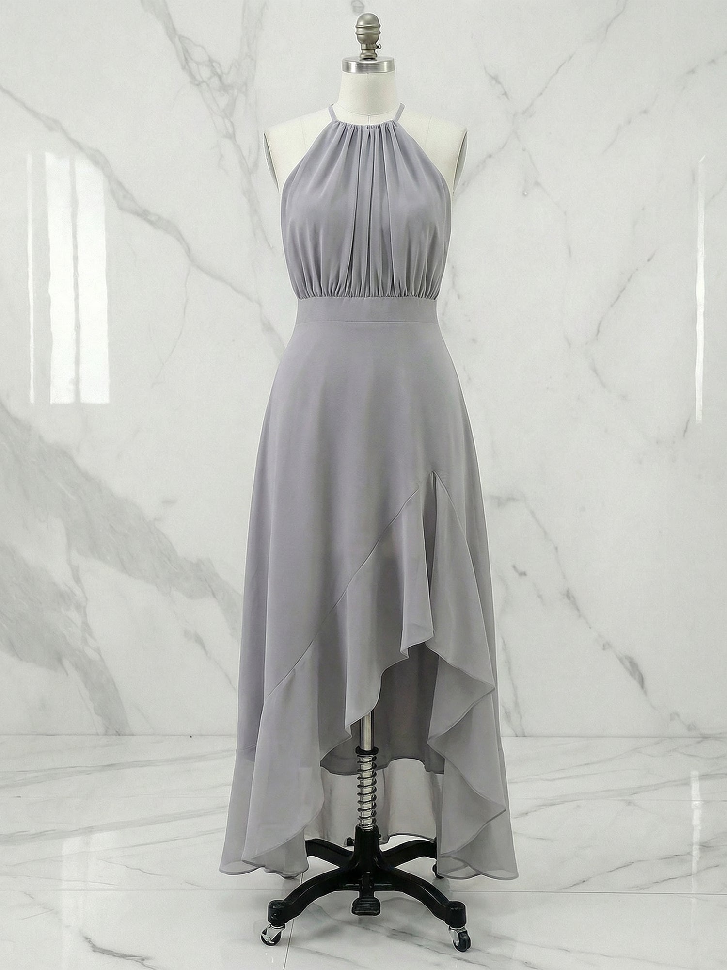 Grey Halter Neck High-Low Ruffle Hem Midi Dress Gown