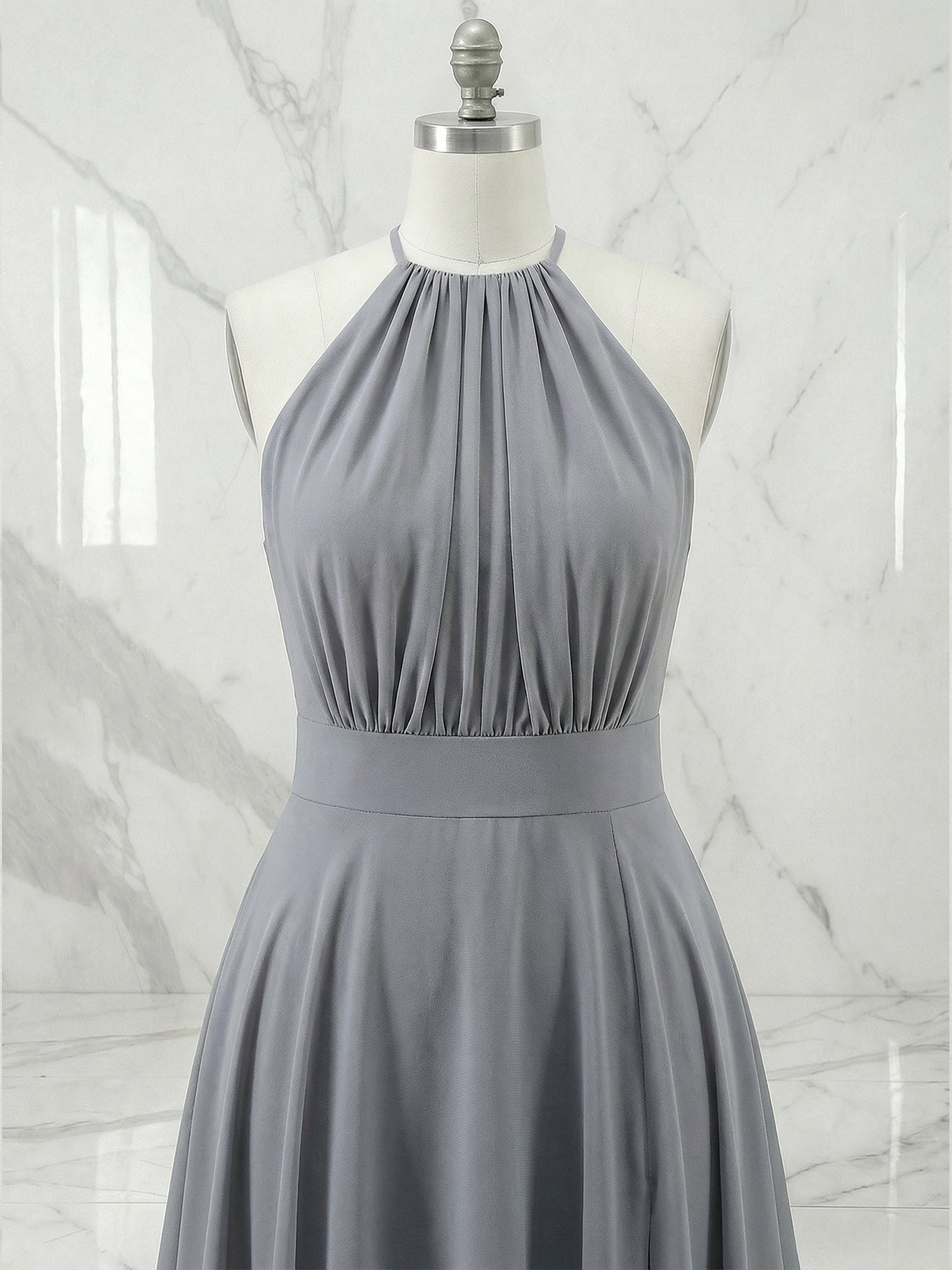 Grey Halter Neck High-Low Ruffle Hem Midi Dress Gown