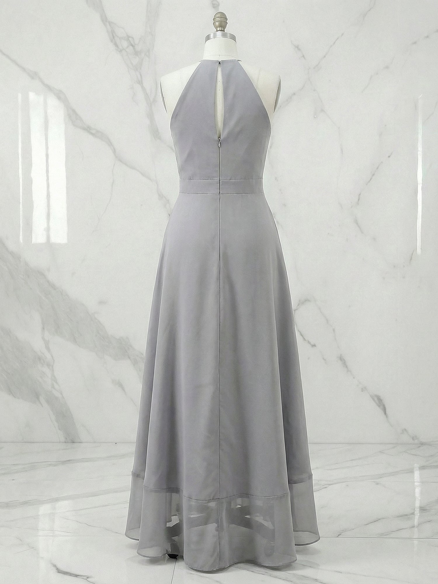 Grey Halter Neck High-Low Ruffle Hem Midi Dress Gown