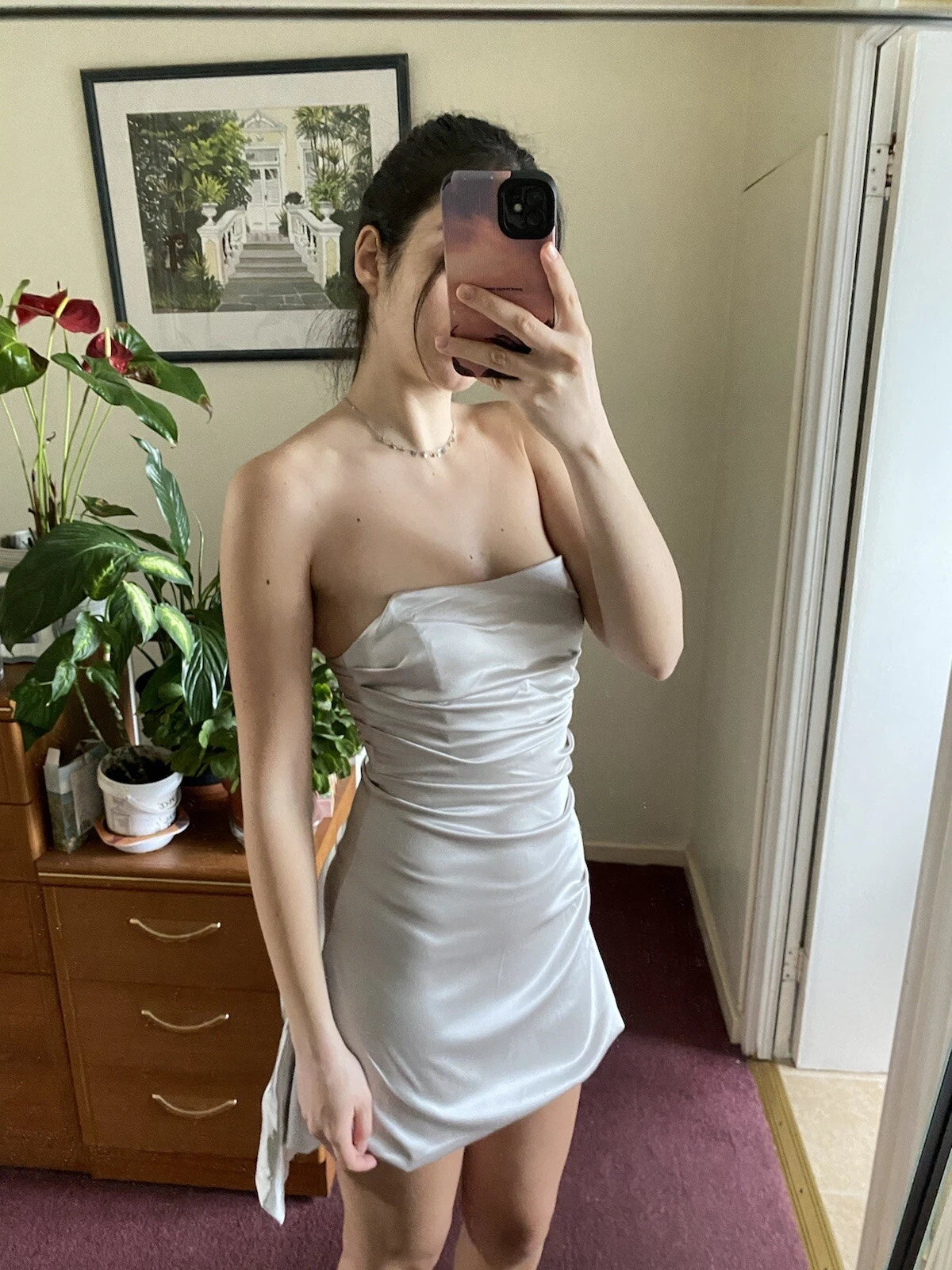 Grey Strapless Satin Short Homecoming Dress
