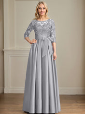 A-line Scoop Illusion Floor-Length Satin Lace Mother of the Bride Dress With Sequins Bow