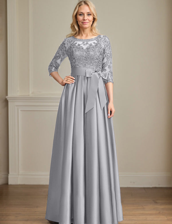 A-line Scoop Illusion Floor-Length Satin Lace Mother of the Bride Dress With Sequins Bow