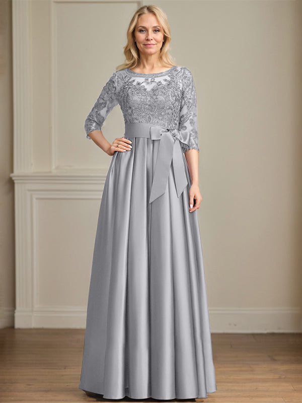A-line Scoop Illusion Floor-Length Satin Lace Mother of the Bride Dress With Sequins Bow