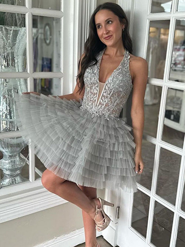 Grey A-Line Halter Short Tulle Homecoming Dress With Appliques