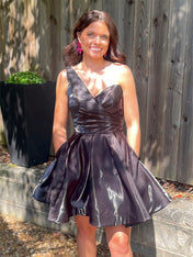 Grey A-line One Shoulder Pleated Short Homecoming Dress