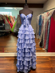 Fuchsia A-Line Sweetheart Chiffon Tiered Long Prom Dress with Slit