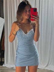 Grey Blue Beaded V Neck Corset Bodice Homecoming Dress