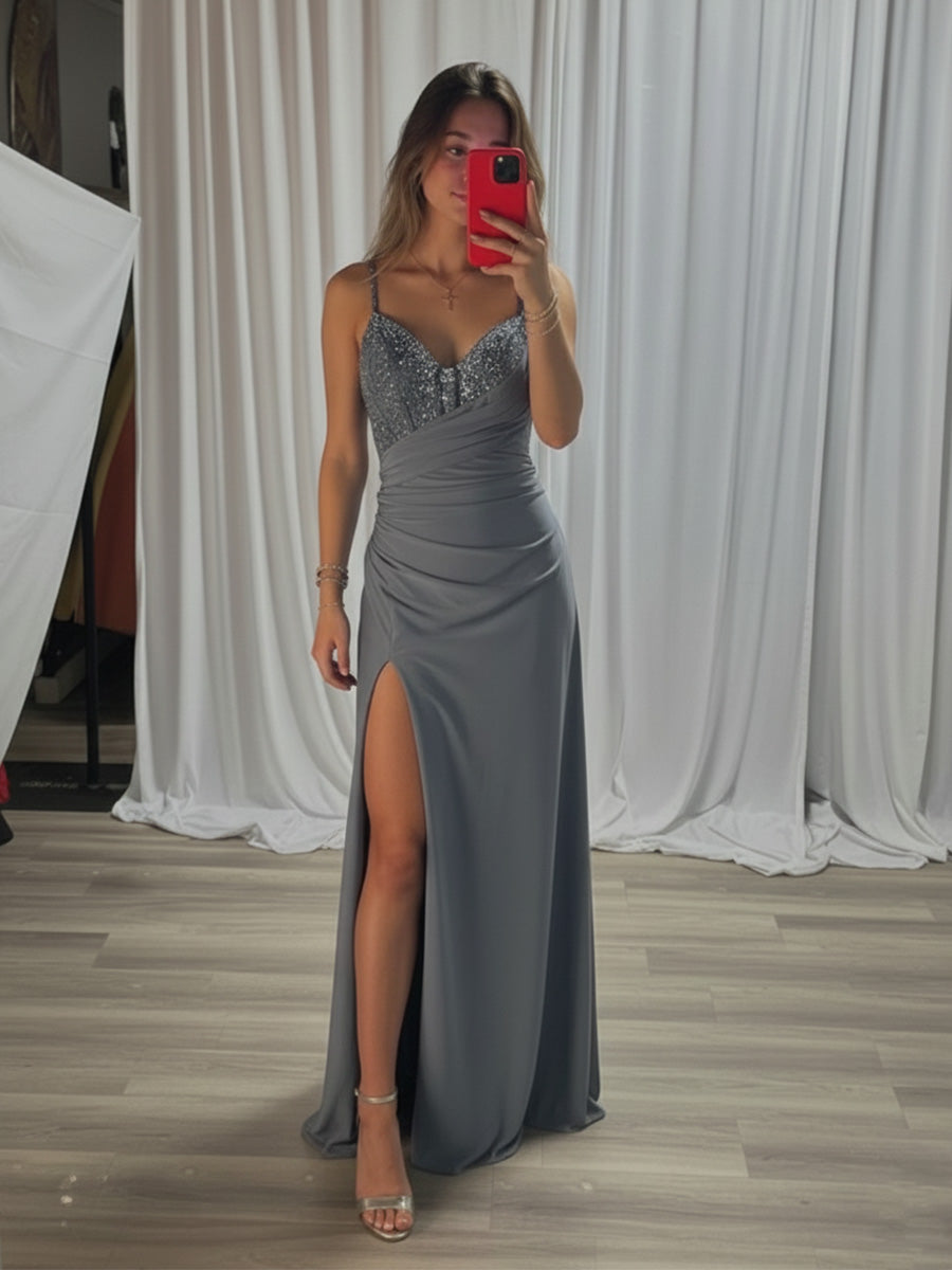 Grey Blue Beaded V Neck Corset Bodice Long Prom Dress with Slit