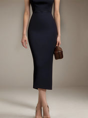 Evening Dress Navy Blue One Shoulder Sleeveless Tea-Length Dress