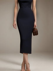 Evening Dress Navy Blue One Shoulder Sleeveless Tea-Length Dress