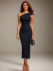 Evening Dress Navy Blue One Shoulder Sleeveless Tea-Length Gown