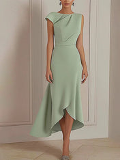 Daily Party Dress Sage Green Round Neck Asymmetric Midi Dress
