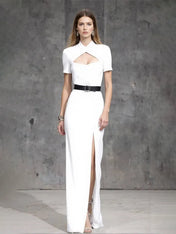 Cocktail Party Dress White Small Stand Collar Slit Floor-Length Dress