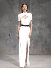 Cocktail Party Dress White Small Stand Collar Slit Floor-Length Dress