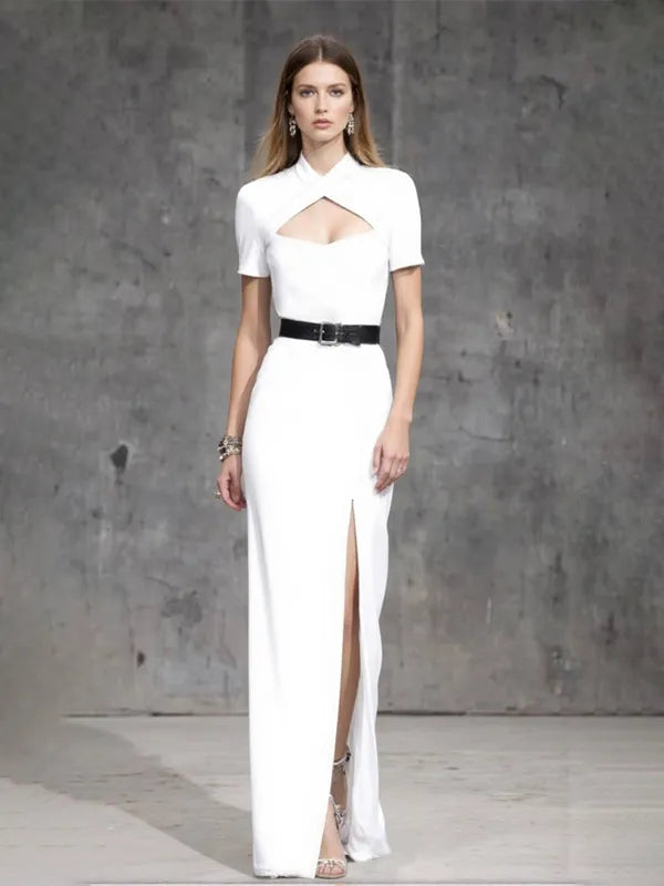 Cocktail Party Dress White Small Stand Collar Slit Floor-Length Dress