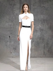 Cocktail Party Dress White Small Stand Collar Slit Floor-Length Dress