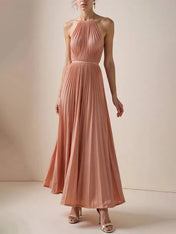 Wedding Guest Casual Dress Light Pink Halter Neck Pleated Maxi Dress