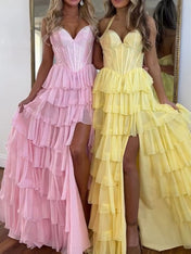 Halter Beaded Corset Tiered Ruffle Long Prom Dress with Slit