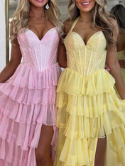 Halter Beaded Corset Tiered Ruffle Long Prom Dress with Slit