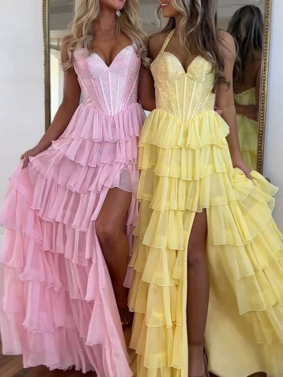 Halter Beaded Corset Tiered Ruffle Long Prom Dress with Slit