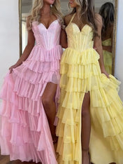 Halter Beaded Corset Tiered Ruffle Long Prom Dress with Slit