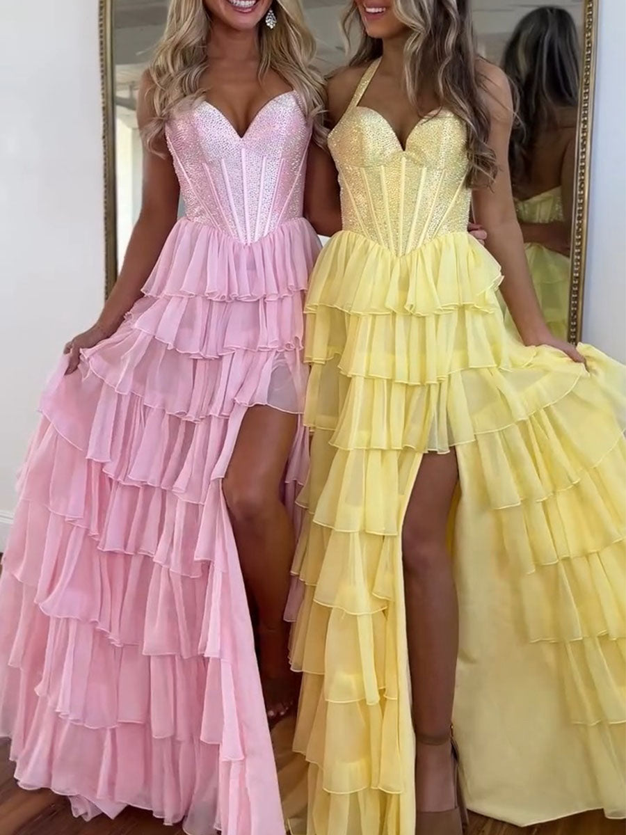 Halter Beaded Corset Tiered Ruffle Long Prom Dress with Slit