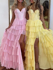 Halter Beaded Corset Tiered Ruffle Long Prom Dress with Slit