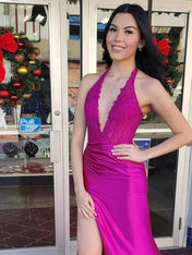 Halter Fitted Lace Bodice Long Prom Dress with Slit