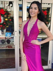 Halter Fitted Lace Bodice Long Prom Dress with Slit
