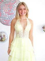 Halter Lace Appliques Chiffon Ruffle Prom Dress with Slit