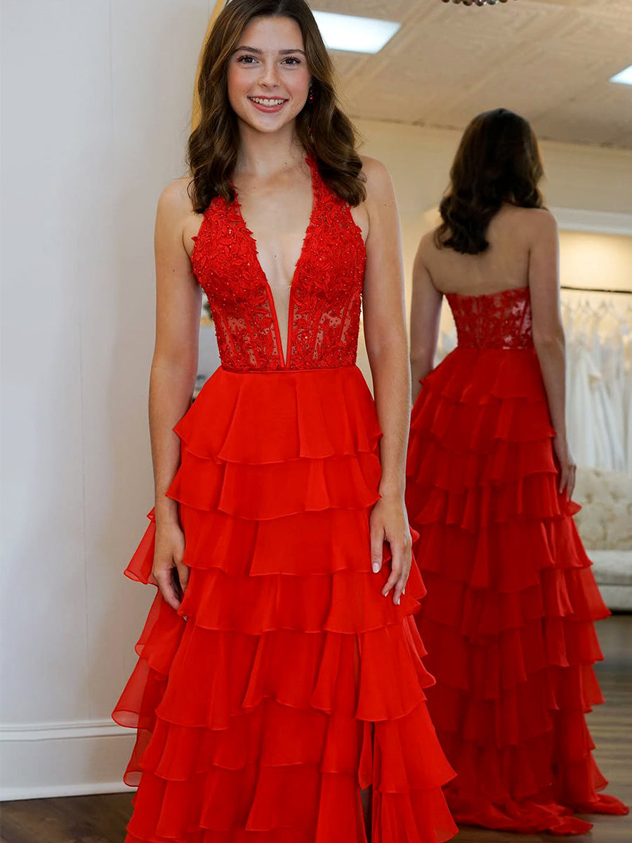 Halter Lace Appliques Chiffon Ruffle Prom Dress with Slit